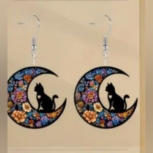 Acrylic Cat & Crescent Moon Earrings